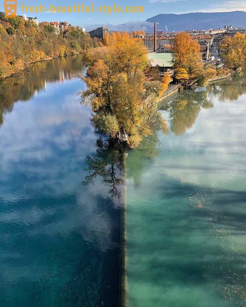 The meeting place of two rivers with different colors of water