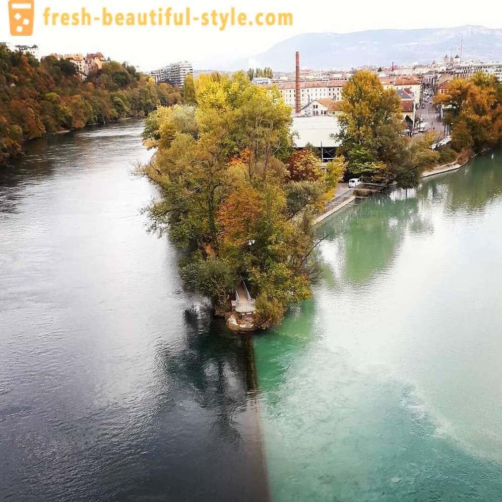 The meeting place of two rivers with different colors of water