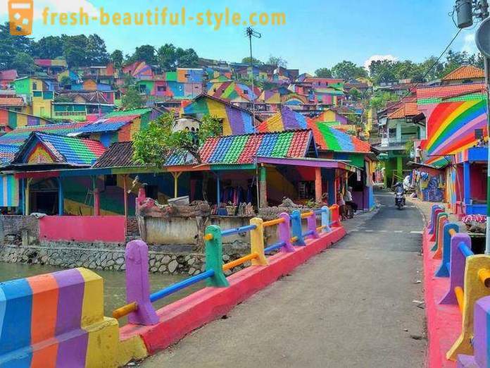 Houses in the Indonesian village painted in all colors of the rainbow