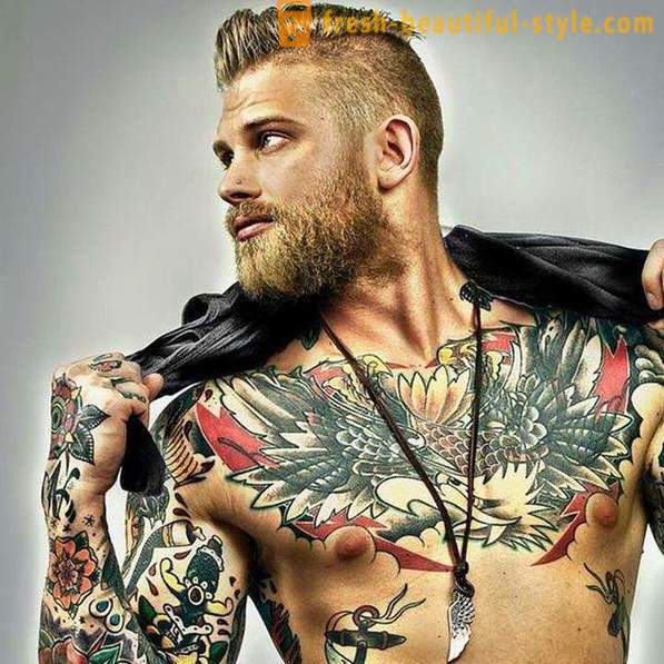 Men's tattoo on his chest, and their features