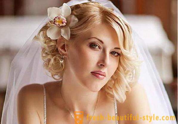 Wedding hairstyle for medium hair with a veil with their hands (photo)